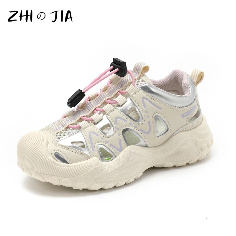 

Сандалии с вращающейся пряжкой для девочек, летние дышащие легкие полые сандалии с сеткой, уличные кроссовки для отдыха и пешего туризма