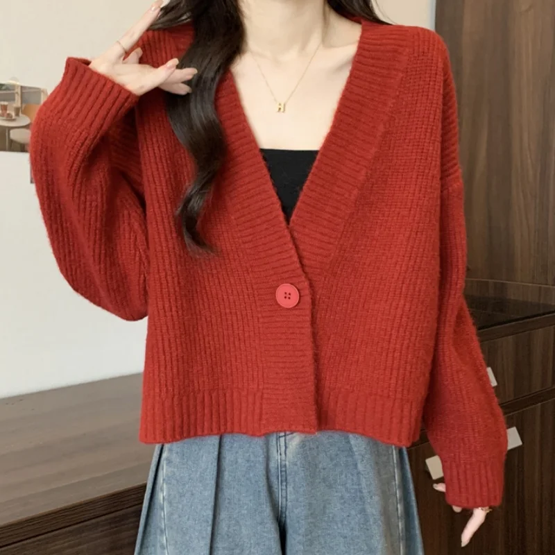 

Women's One Button Cardigan Red Knit Sweater Christmas Solid Long Sleeve V-Neck Crop Sweater Jacket Fall Winter Trendy Outfit