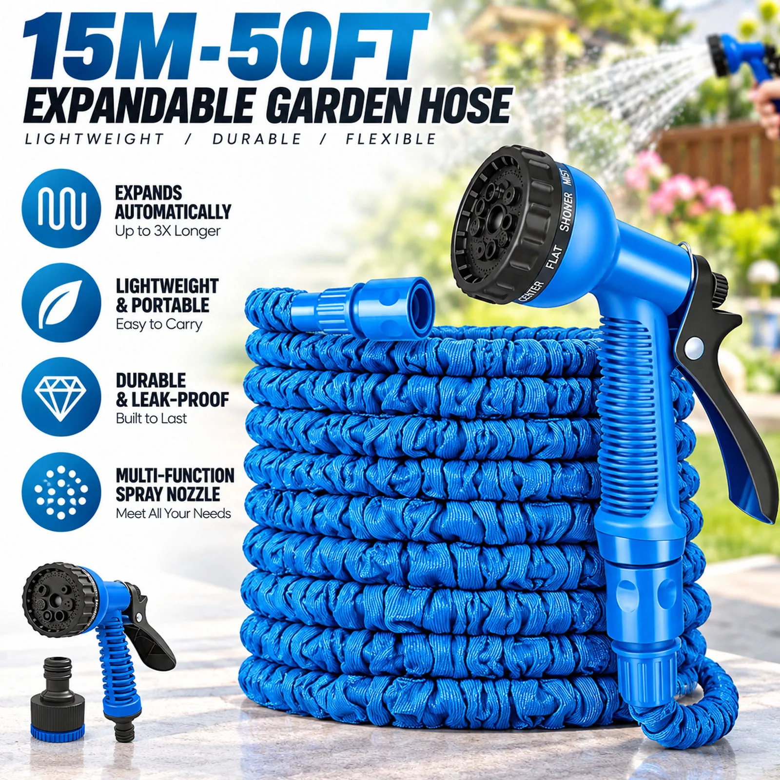 Tubo da giardino estensibile da 50 piedi – tubo per l’acqua con sistema di espansione, lunghezza 15 metri, 6 modalità di spruzzo regolabili, facile da riporre, ideale per il giardinaggio, la pulizia e