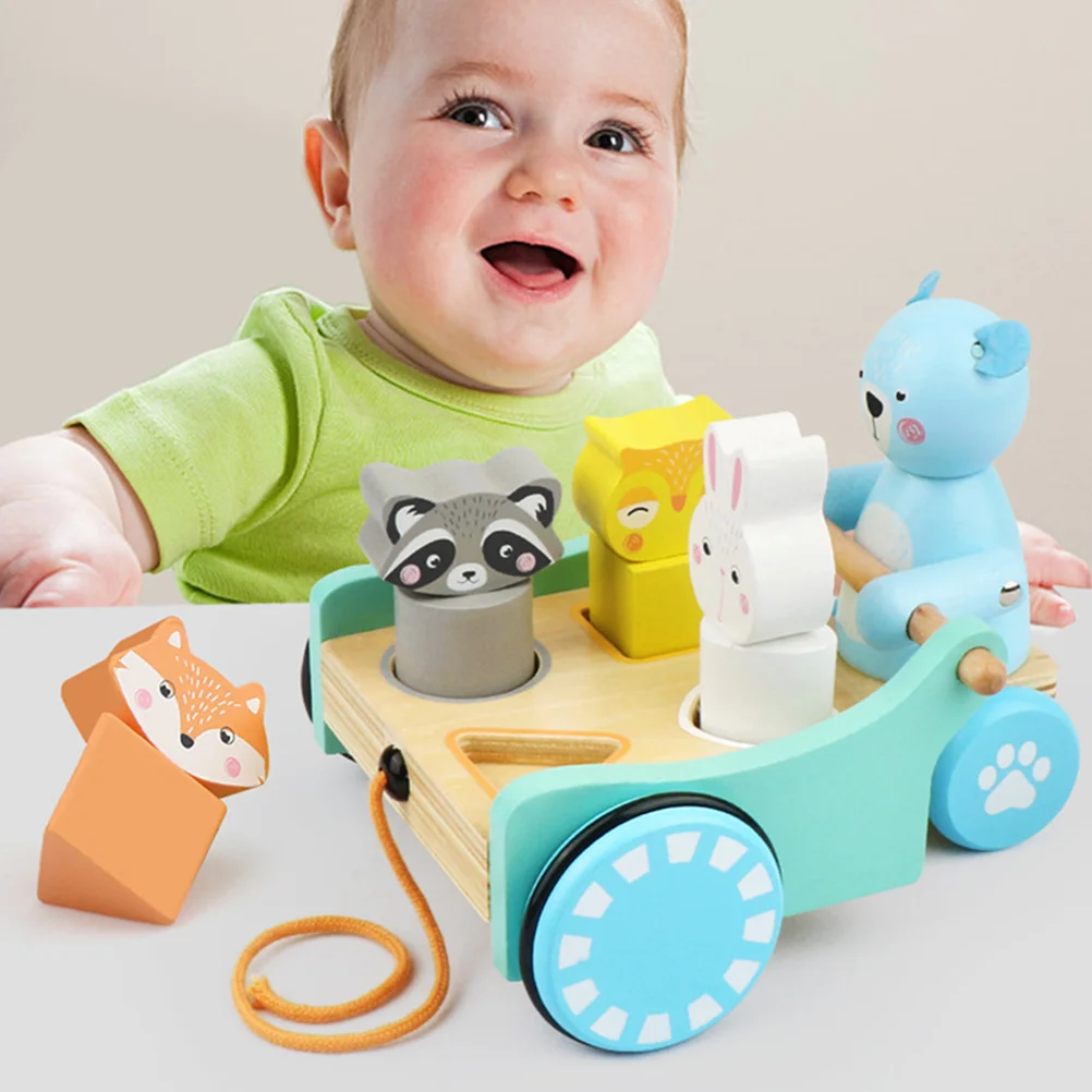 1 conjunto crianças veículo de reboque de madeira carrinho educacional bebê walker aprendizagem precoce dos desenhos animados desenvolvimento cognitivo brinquedo