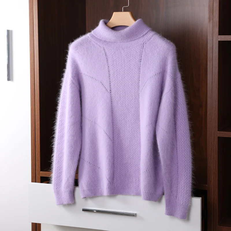 Women\'s Clothing High Lapel Pullover 100% Mink Velvet Knitted Hollow Top Autumn and Winter Fashion Korean Warm Cashmere Sweater