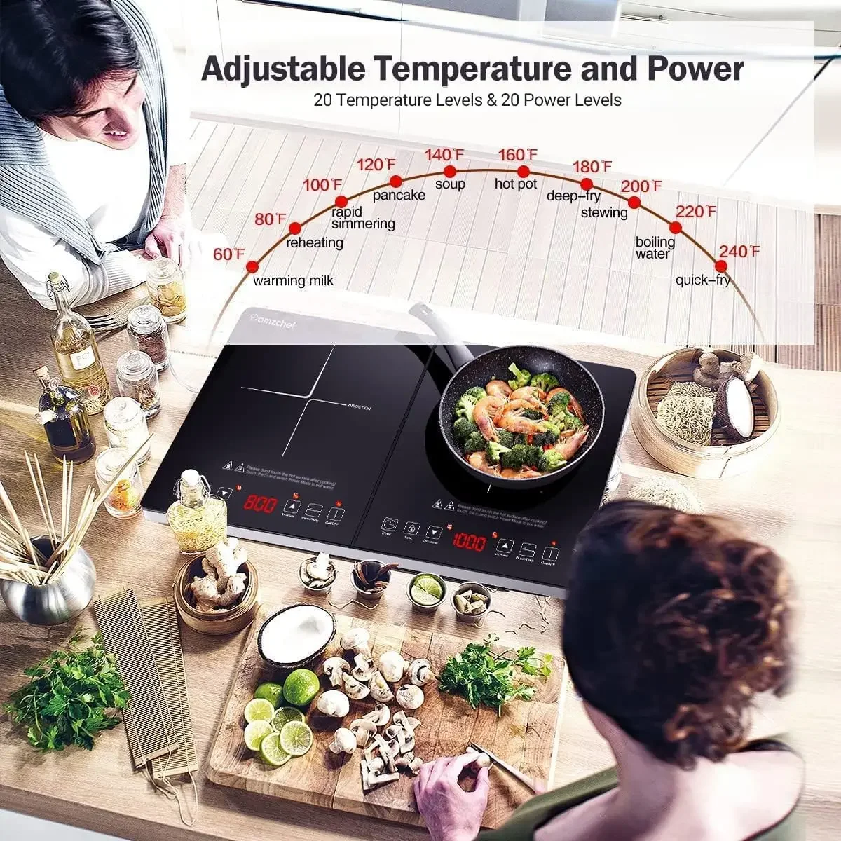 Induction Cooktop AMZCHEF Induction Cooker 2 Burners, Low Noise Electric Cooktops With 1800W Sensor Touch, 20 Temperature & Powe