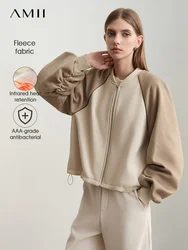 Amii 2025 Winter New Women's Baseball Collar Splicing Wool Woolen Shoulder Sleeve Jacket Embroidered Stamp Casual Top 12444232