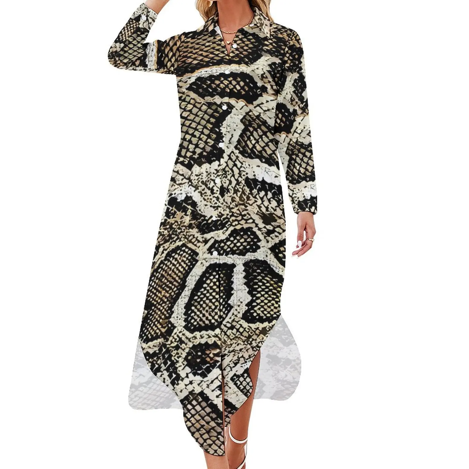 Snake Skin Chiffon Dress Sexy V Neck Vintage Print Festival Dresses Women Korean Fashion Casual Dress Gift Idea