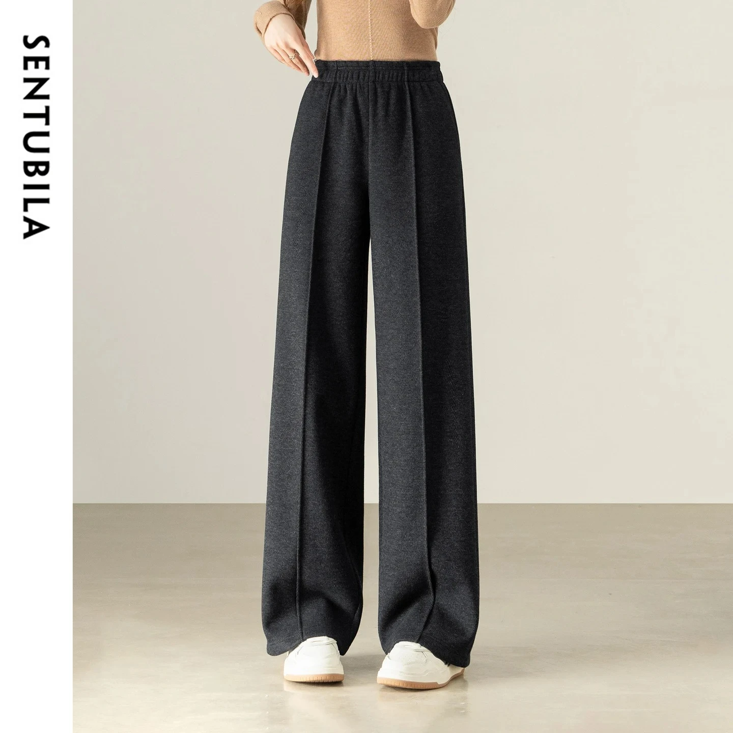 SENTUBILA Women's Straight Pant 2026 Fleece Lined Wool Blend Knitted Trousers Ladies Commute High Waist Winter Pant 154KA6340