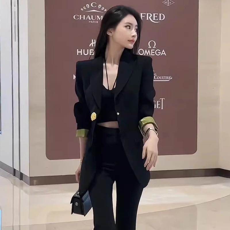 

Elegant Korean Style Women's Suit Set Loose Fit Two Piece Long Pants High Waist Button up Fashionable Workwear Ensemble