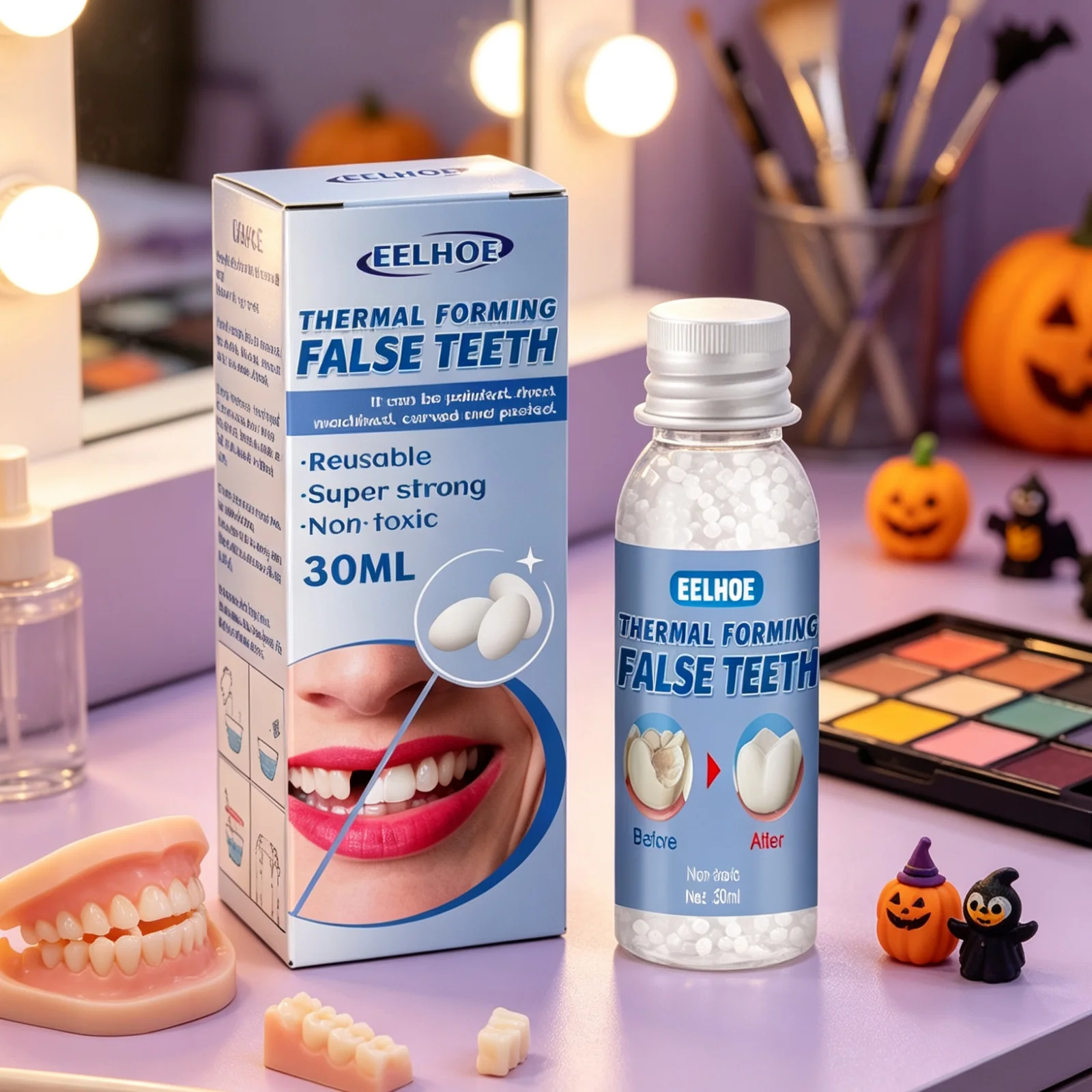 EELHOE Solid Dental Glue Cosplay Cosmetic Portable Adhesive Whitening Teeth Gap Repair Beads Temporary Tooth Repair Glue 30ml