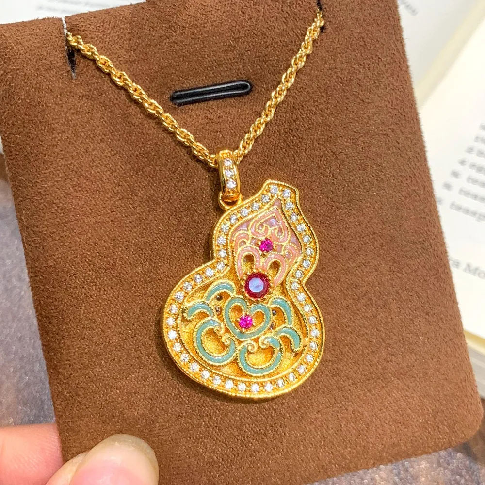 Hollow point diamond enamel color red treasure gourd necklace national style all take Fu Lu 9999gold