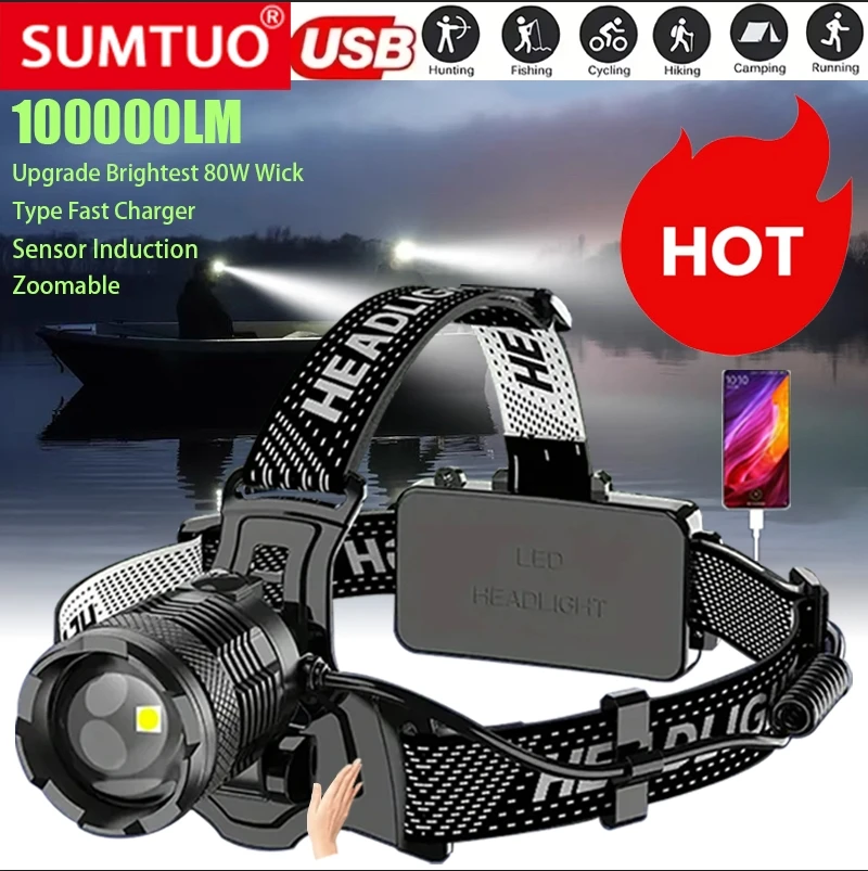 

Fishing Lantern 100000 Lumen Shot Long wick High Powerful Sensor Headlamp Head Torch Zoom XHP70 Headlight TYPE-C Rechargeable