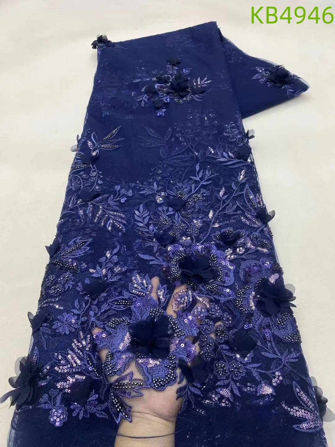 

Royal Blue Beads Lace Fabric High Quality Embroidered Lace 2026 White Birdal Lace 3D Flower Lace Fabric For Wedding Dress Sewing