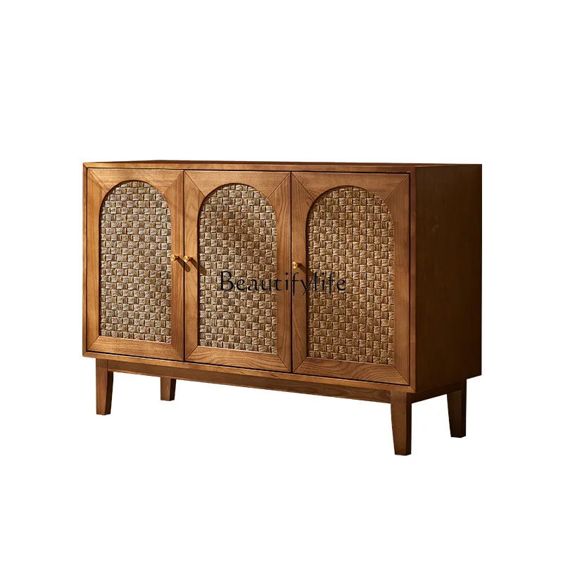 

Nordic solid wood rattan dining side locker simple modern foyer entrance cabinet