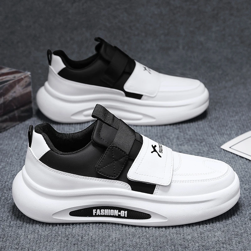 

Men's Slip-On Shoes with Magic Tape Leather Surface Thick Bottom Heightening White Sneakers Spring Versatile Casual No-Lace B...