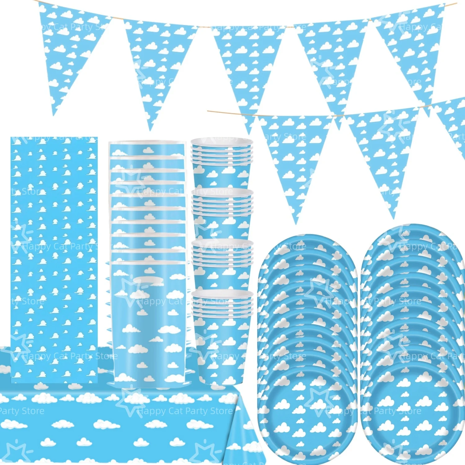 Decoración para Fiesta de Cumpleaños Blue Sky Story, Vajilla, Platos, Mantel, Bolsas de Regalo, Recuerdos para Fiesta con Diseño de Nubes Azules y Blancas