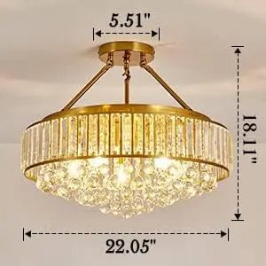 6-Light Modern Large Crystal Chandelier Gold Metal Semi Flush Mount Round Ceiling Light Fixture Ceiling Lamp Farmhouse