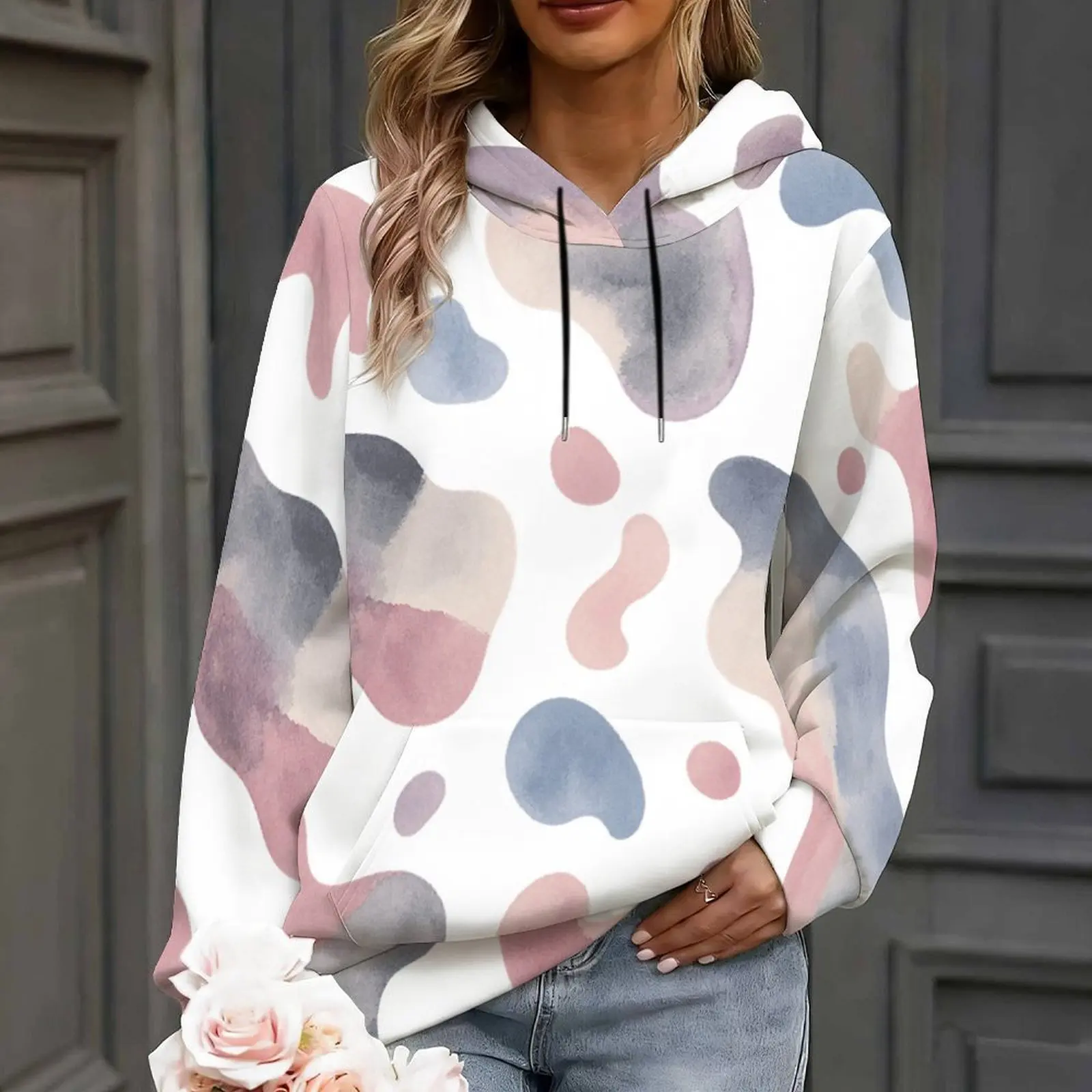 Women Watercolor Abstract Print Long Sleeve Drawstring Pullover Hoodie with Kangaroo Pocket