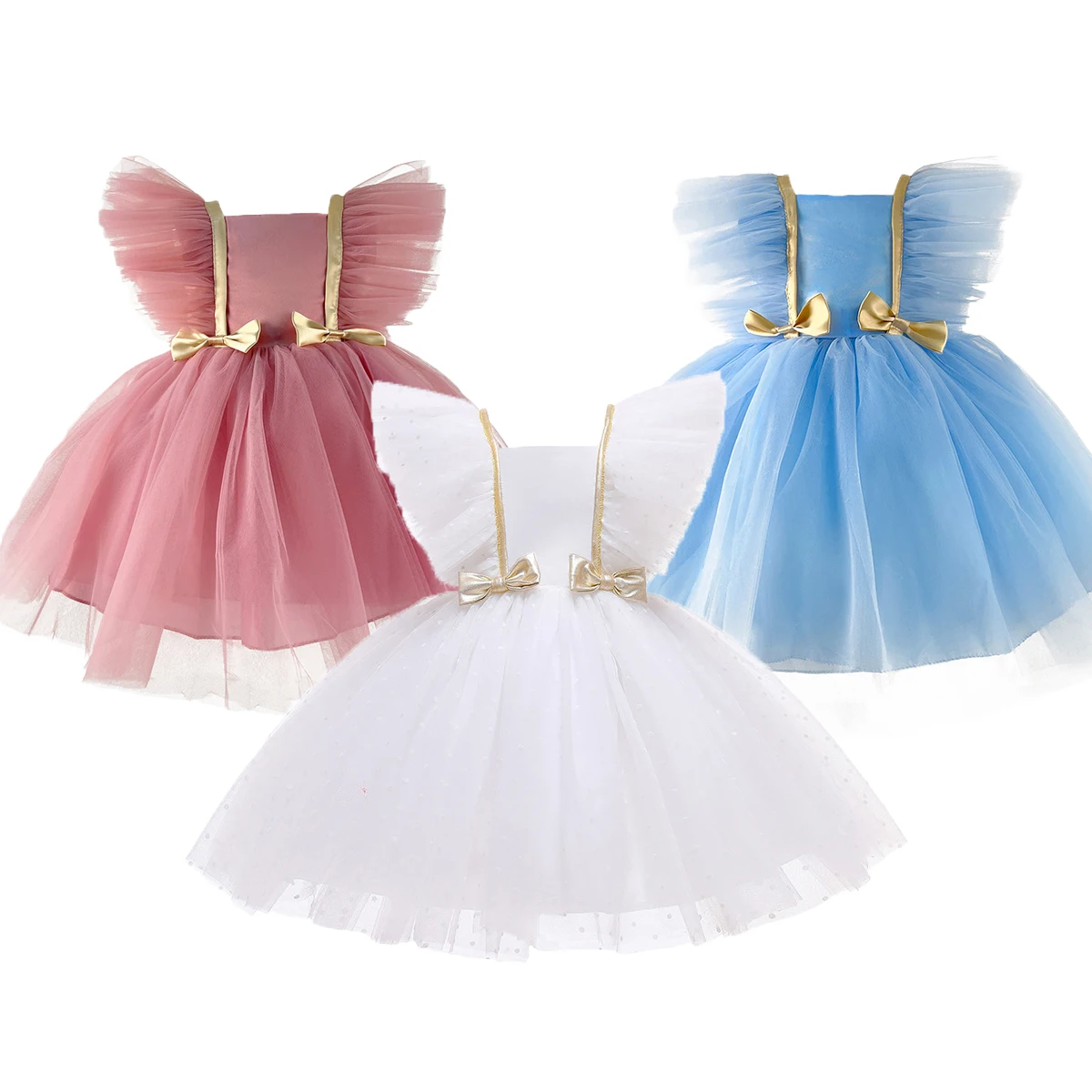 

Kids Grils Dress Bow First Year Birthday Wedding Princess Tutu Dress Ruffled Prom Gown Children Evening Formal Baby Clothes A454