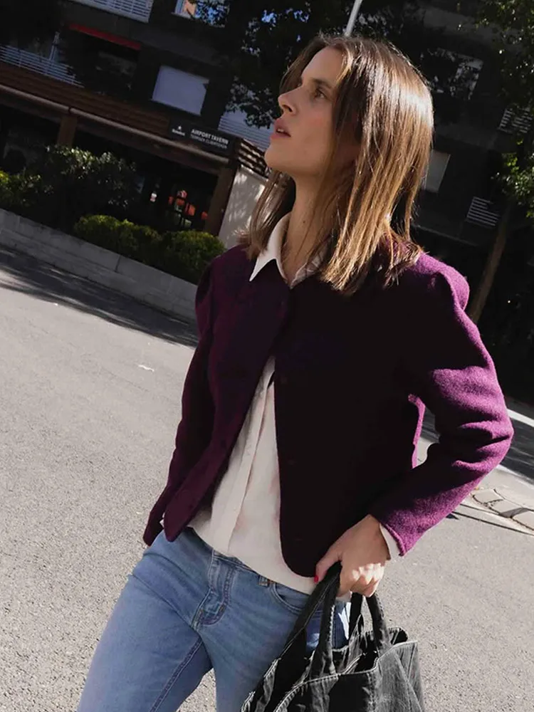 Solid O Neck Woolen Short Jackets For Women Casual Single-breasted Long Sleeves Jackets Chic Female Commuting High Street Coats