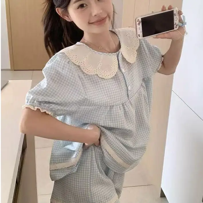 한국 스타일 달콤하고 귀여운 인형 칼라 여성 여름 반팔 반바지 체크무늬 학생 컬러 배색 레이스 홈웨어 여름