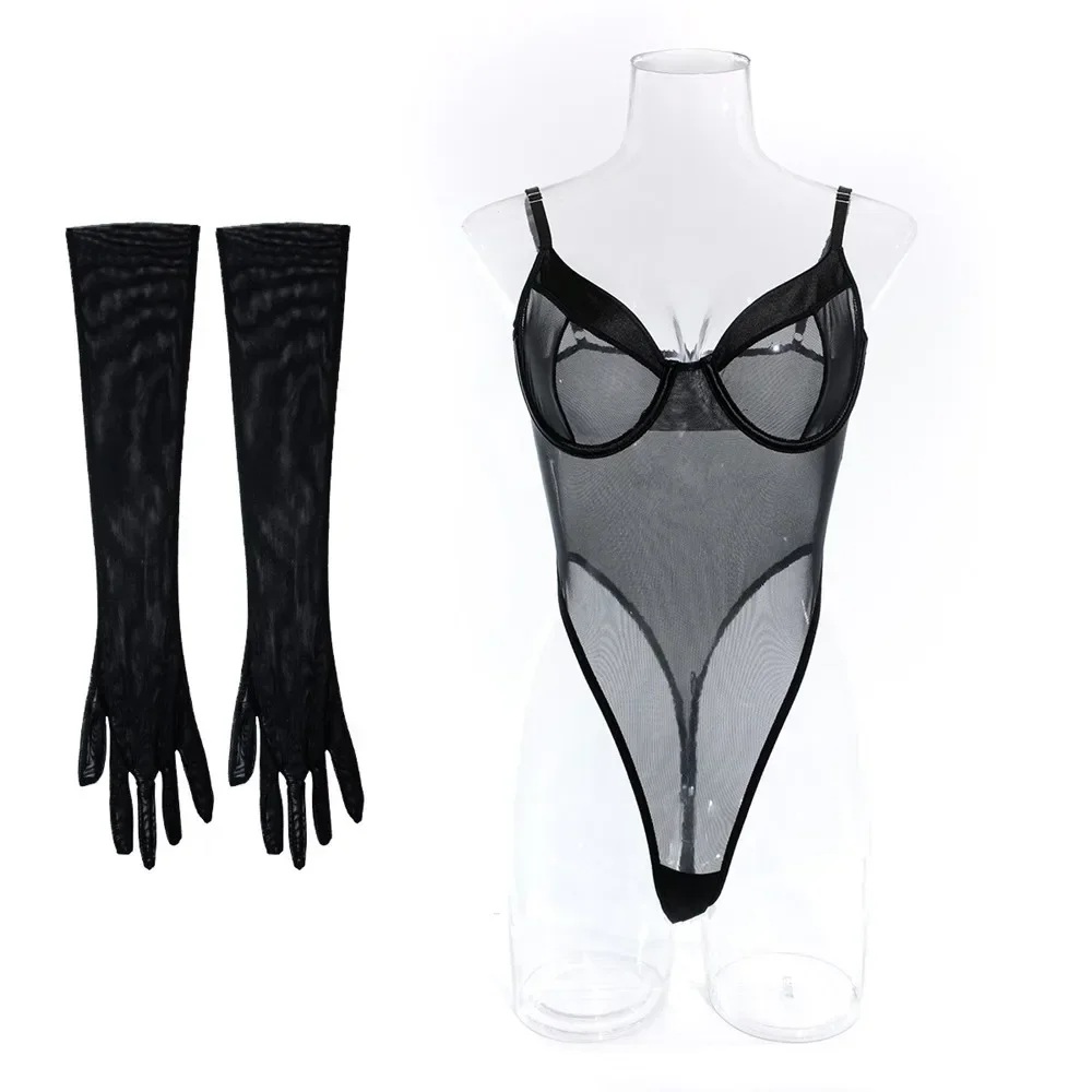 Black Straps Backless See Through Mesh Skinny Bodysuit with Gloves Underwear Women Sexy Jumpsuit Lingerie Erotic Teddies