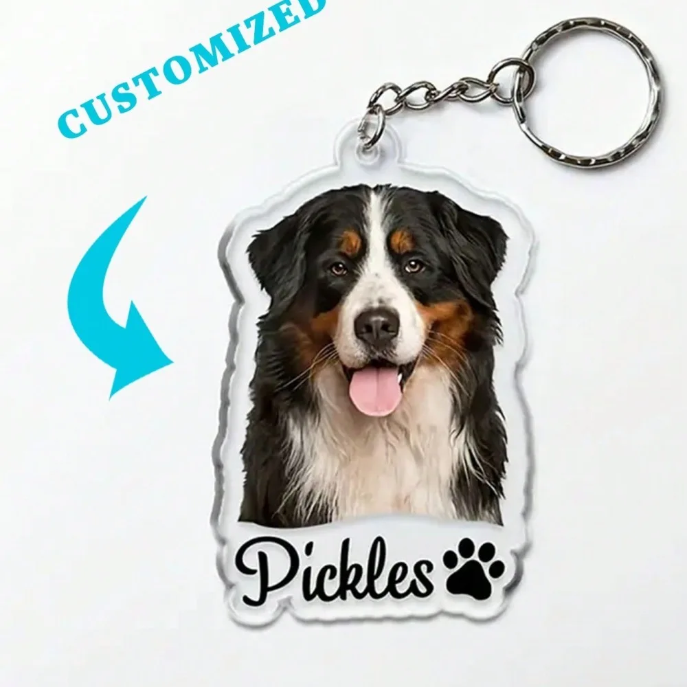 تخصيص الحيوانات الأليفة الاكريليك لوحة الظهر قلادة المفاتيح مجوهرات هدية تذكارية الكلب القط الحيوانات الأليفة اسم الصورة DIY مفتاح سلسلة هدية