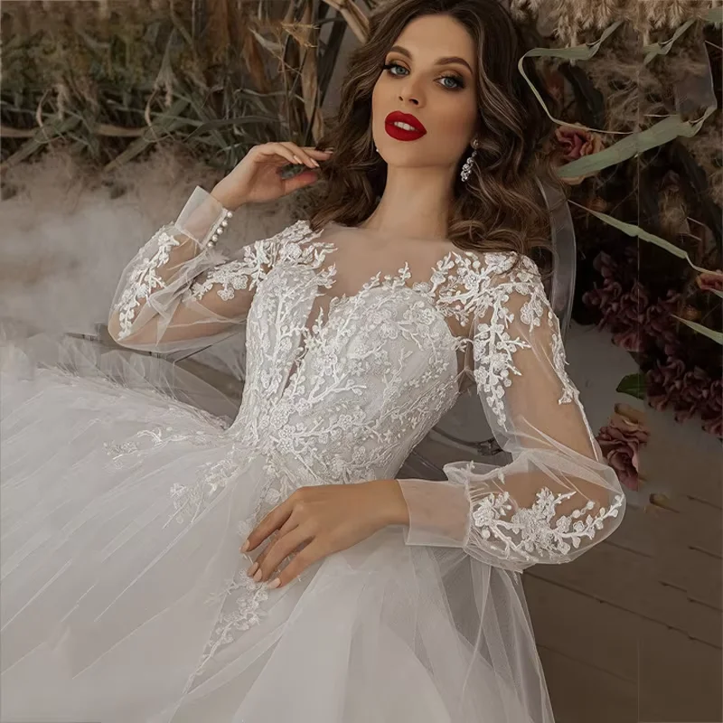 Una línea de vestidos de novia con apliques de manga larga de encaje moderno tul vestido de novia bohemio 2025 vestidos de novia