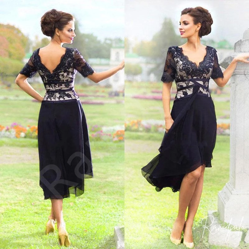 Customized Mother of the Bride Dress for Wedding Party Dark Navy Lace Chiffon Modest Half Sleeve Formal Mother Groom Gown Japan