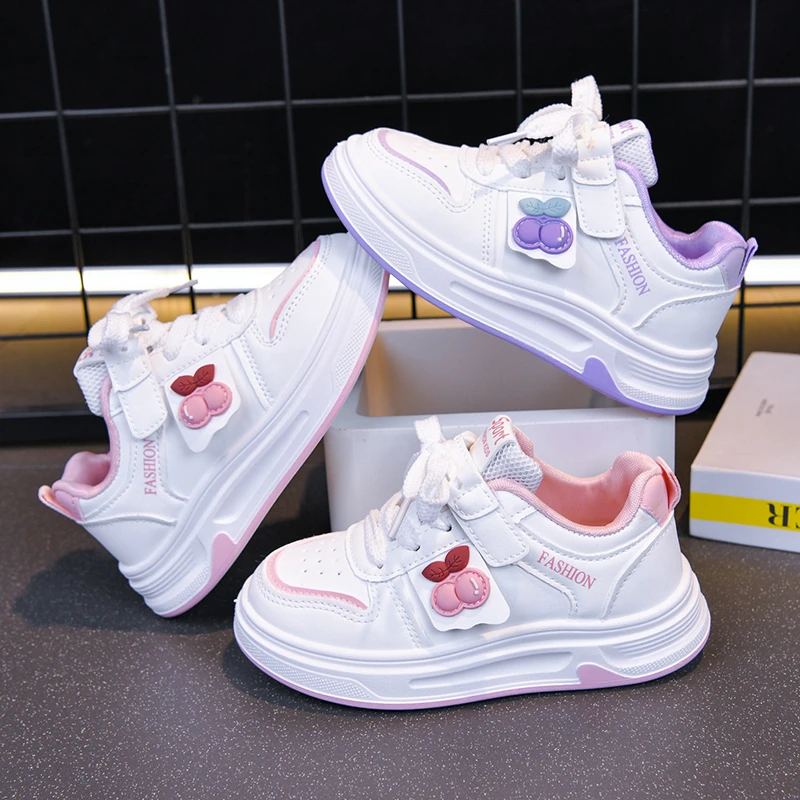 Girls PU Leather Skate Shoes Lovely Cherry Patch Magic Tape Thick Sole Easy‑Clean Children Casual Sneakers