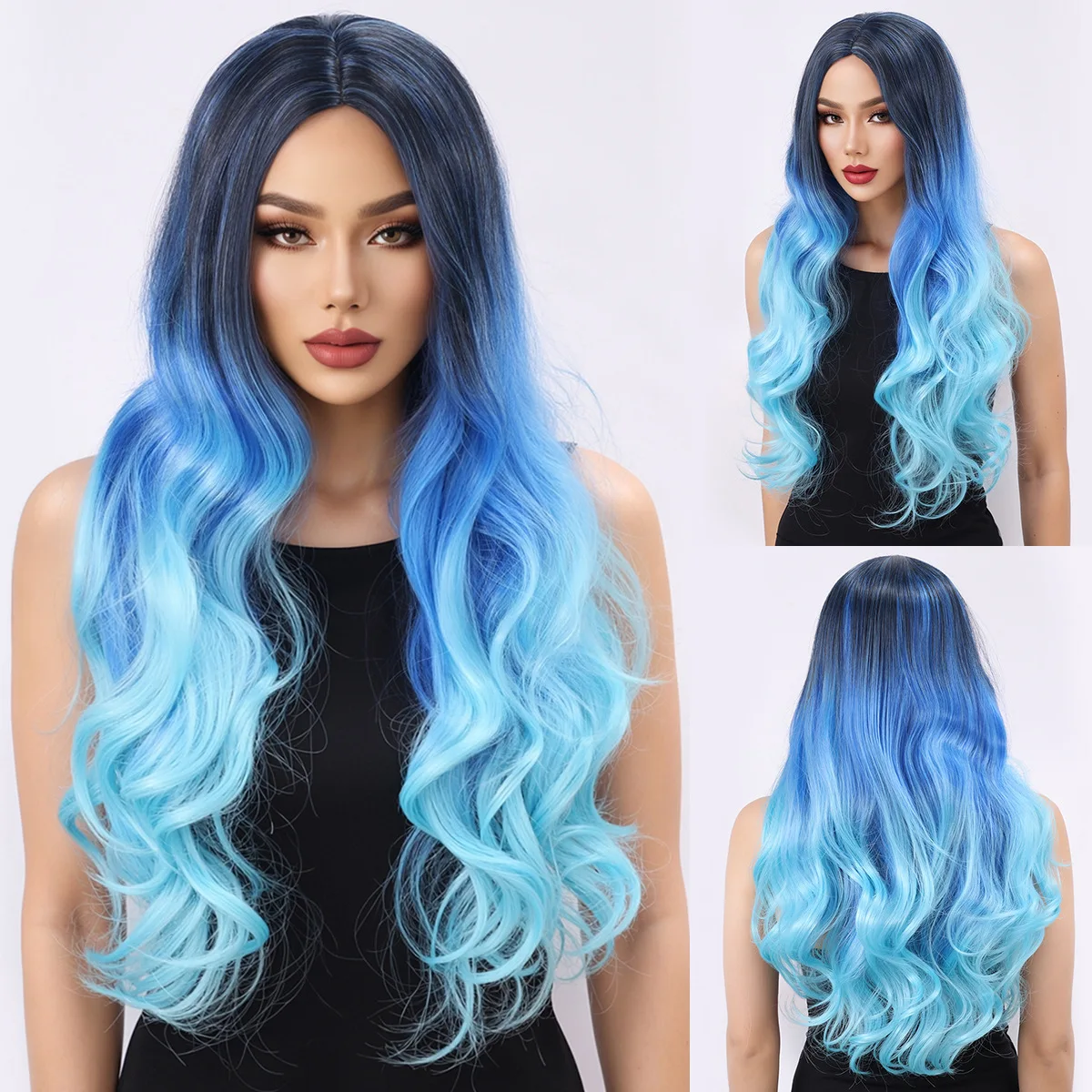 Cross border European and American fashion blue gradient large wave mid length wig-Synthetic fiber wig