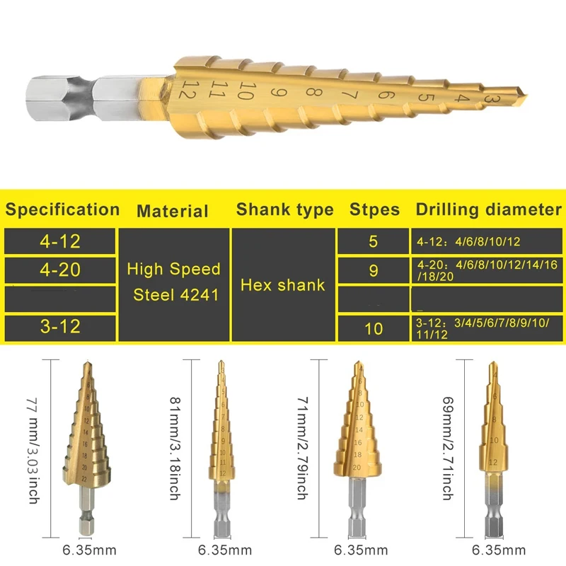 3-12mm 4-12mm 4-20mm Drilling Tools Straight Groove Step Drill Bit Titanium Coated Wood Metal Hole Cutter Core Tool 3Pcs/Set