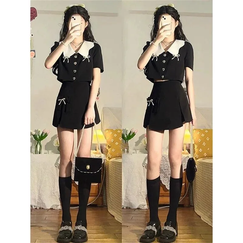 Academy Korean Doll Neck Top Skirt Two-piece Set Women Bow Heart Button Sweet Detachable Bow Slim Spicy Spring Fashion Lady Suit