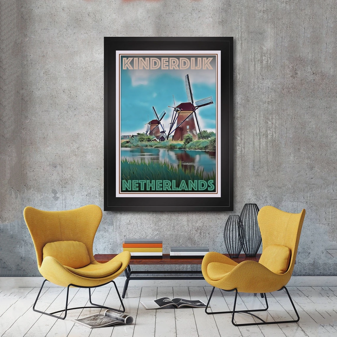 Kinderdijk Netherlands Retro Vintage Style Travel Poster HD Printable Canvas Art Print Home Decor Wall Painting ( No Frame )