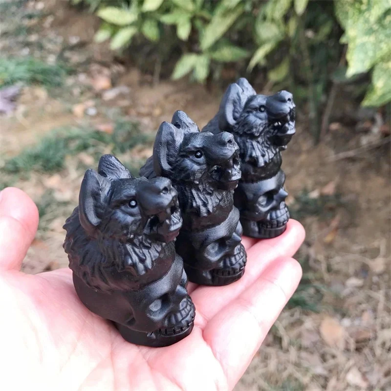 Natural Black Obsidian Skull And Wolf Handmade Carved Powerful Statue Fengshui Home Decoration Gift 1pcs