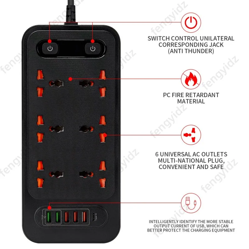 Power Multi Tap Universal Plug EU AU UK Outlet Power Strip with 2m Extension Cord AC Type C USB Port Charge Electrical Socket