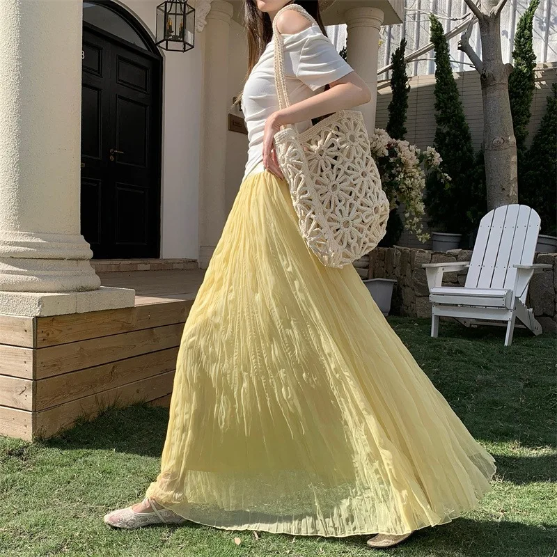 

Yellow Lace Pleated Half Skirt Women's Base Layer Skirt High Waist Slimming Drapey A-Line Large Swing Umbrella Long Skirt