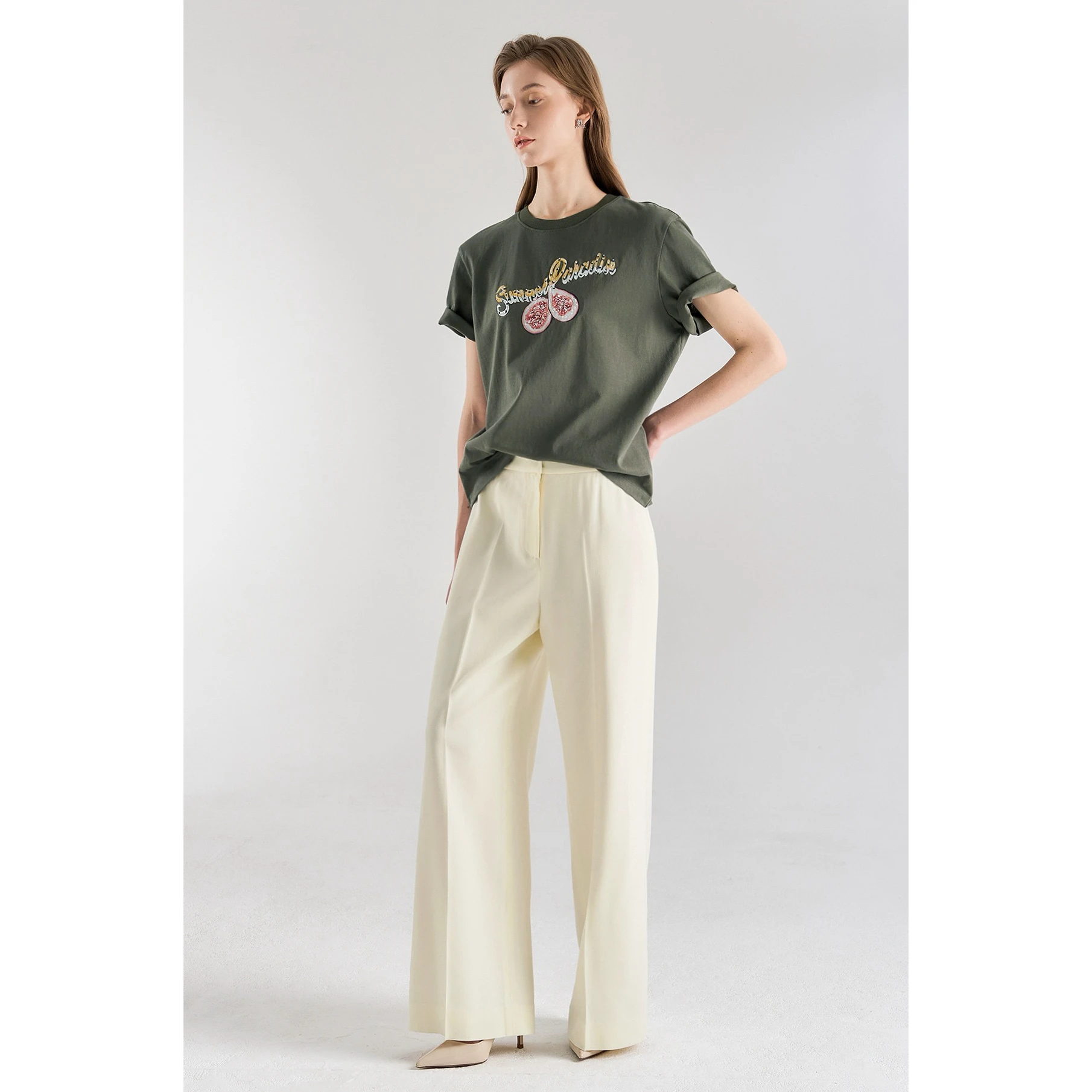 

Lemon Cheese LAN26 Spring Anti-Aging round Ne Fig Pattern Embroidery Versatile ort Sve T Casual Sle Cotton 00% Women