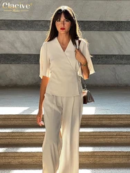 Clacive Fashion Slim Beige Office 2 Piece Sets Women Outfit Elegant Short Sleeve Shirt With High Waist Wide Pants Set Female