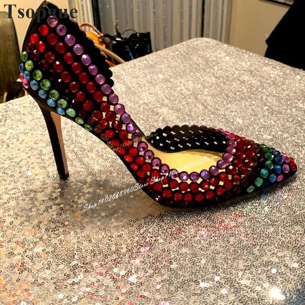 Hollow Mixed Color Crystal Side Empty Pumps Thin High Heel Women Shoes Slip On Pointed Toe 2024 Fashionable Zapatos Para Mujere