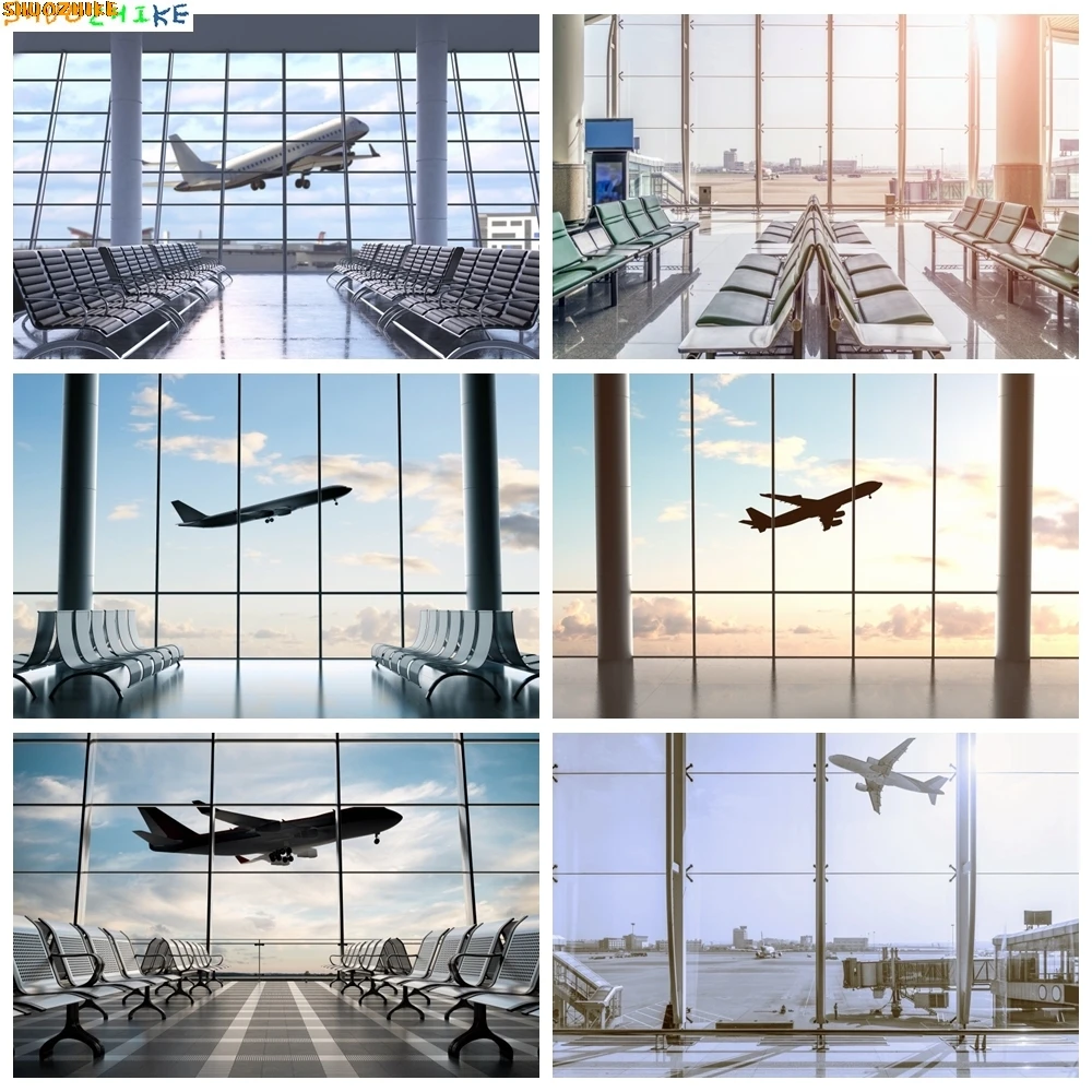 

Plane Take Off French Window Photography Backdrop Airport Waiting Room Poster Baby Portrait Photographic Background Photo Studio