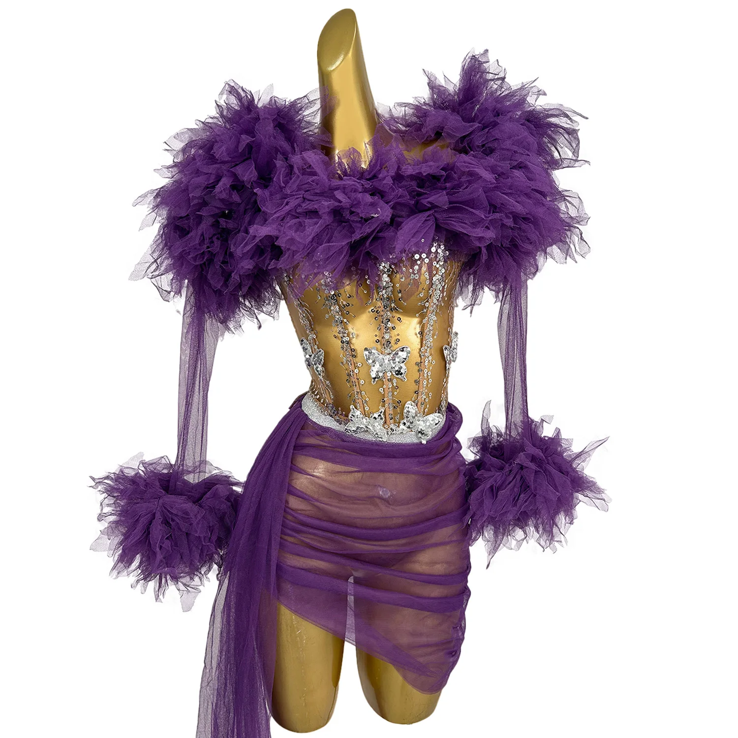

Sexy Mesh Transparent Top Short Skirt Detachable Sleeves 3PCS Cheerleading Performance Costume Nightclub Club Party Dress xinshe