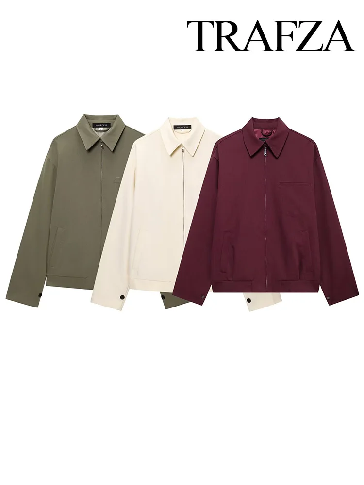 

TRAFZA Women Chic Zipper Solid Casual Jacket Lapel Pocket Decoration Slim Coat Female Fashion Loose High Street Jacket 3 Colors