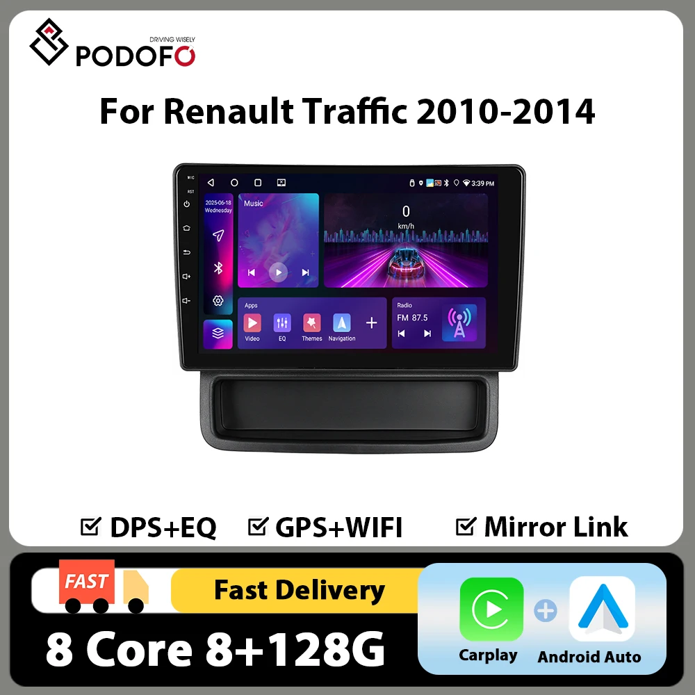 Reproductor multimedia para coche Podofo de 10'' con 4G WIFI para Renault Trafic 2010-2014/ Opel Vivaro Autoradio 8+128G CarPlay Android Auto GPS