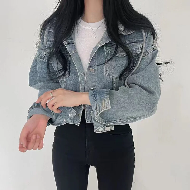 Coreano chique retro denim curto feminino único breasted removível chapéu jaqueta cardigan topo