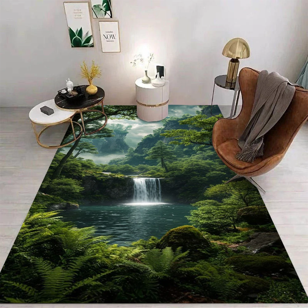 Natural Landscape Waterfall Forest 3D Art Area Rug Non Slip Soft Carpet For Living Room Bedroom Home Decor Nature Lovers Use