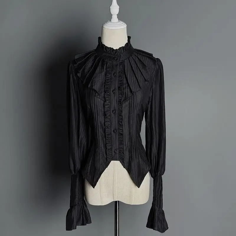 

Японские темные готические рубашки в стиле Y2K Лолита, винтажные блузки с рукавами-гигот для женщин, викторианские кружевные топы с оборками и завязками для девушек, Blusas Mujer