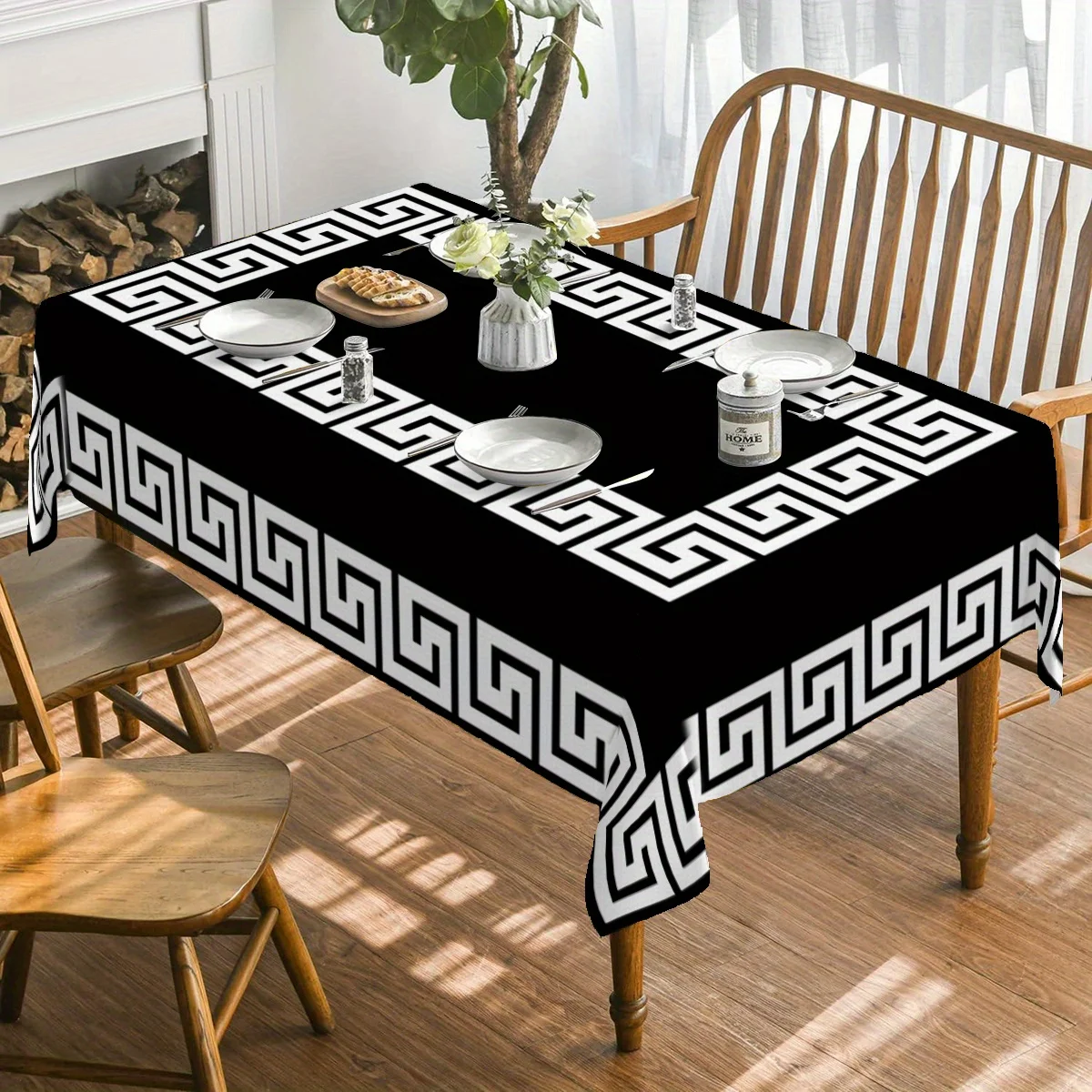 Classic Geometric Border Tablecloth, Stylish Greek Key Ornament Print Rectangular Table Cover for Dining Table Home Party Decor