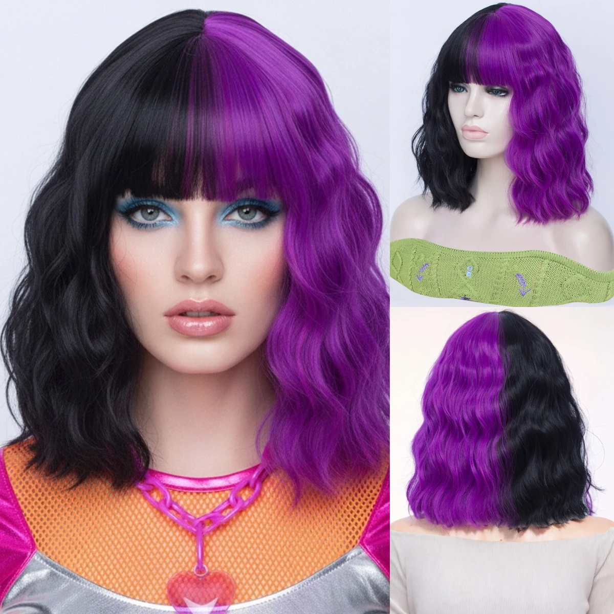 

Short Curly Synthetic Wig Half Purple Half Black Split Color with Bangs for Anime Cosplay Halloween Party Heat Resistant
