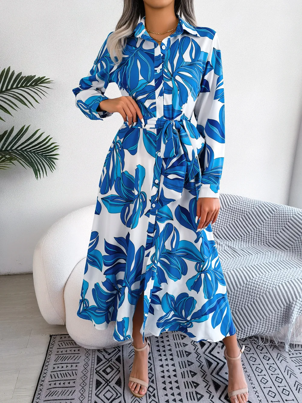 Spring Summer Ladies Contrast Floral Polo Collar Lace Up Shirt Dress Women Single Breasted Long Dress