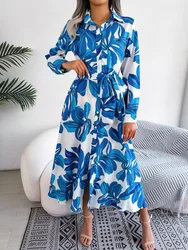 Spring Summer Ladies Contrast Floral Polo Collar Lace Up Shirt Dress Women Single Breasted Long Dress