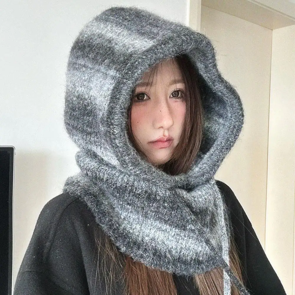 

Корейская шапка-балаклава INS в полоску, зима-осень, консервативный стиль, теплые пуловеры, шапки для женщин, шарф, шапка 2 в 1, вязаная шапка с принтом тай-дай