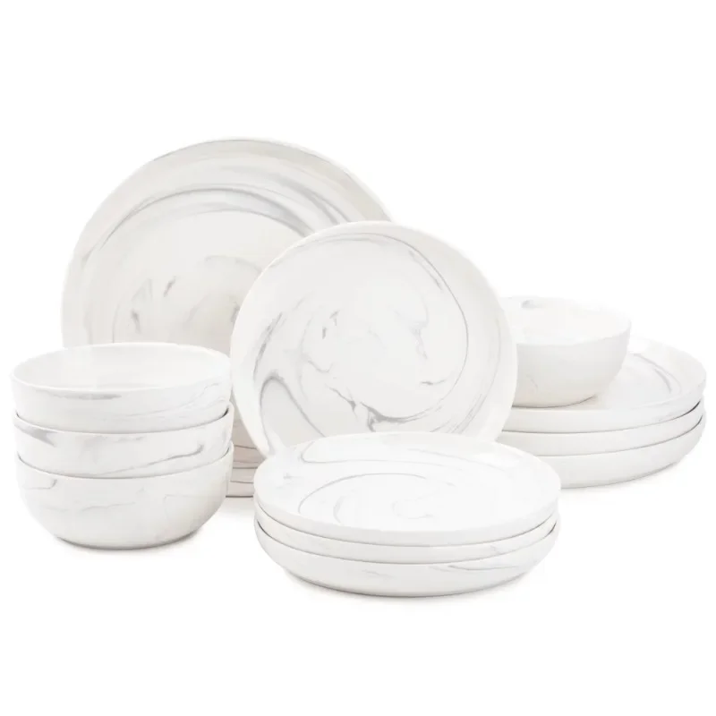 Table Dinnerware Grey Marble Stoneware, 12 Piece Set